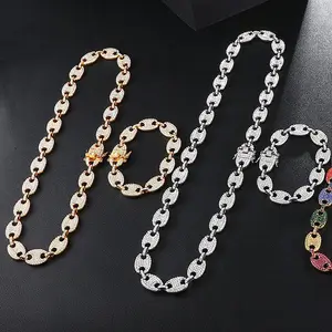 Renkli Bling Out buzlu kahve fasulye bilezik şişirilmiş deniz zincir 12mm Hip Hop bağlantı bilezik takı adam