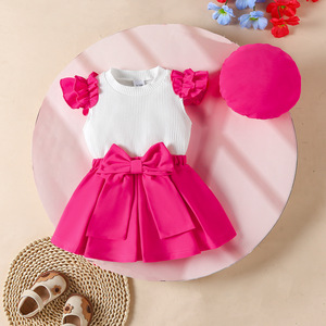 Conjunto de Tres Piezas para Bebé Niña de 0 a 3 Años, Top sin Mangas con Rayas Hundidas, Falda con Lazo de Color Sólido - Product Image 6