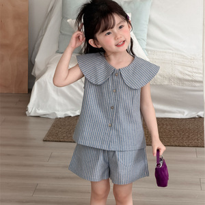 Completo Abbigliamento <span class=keywords><strong>Bambina</strong></span> 2026 Nuovo Stile Alla Moda Cotone Tuta Neonato Stile Coreano Top a Righe con Risvolto + Pantaloncini Set Due Pezzi - Product Image 5