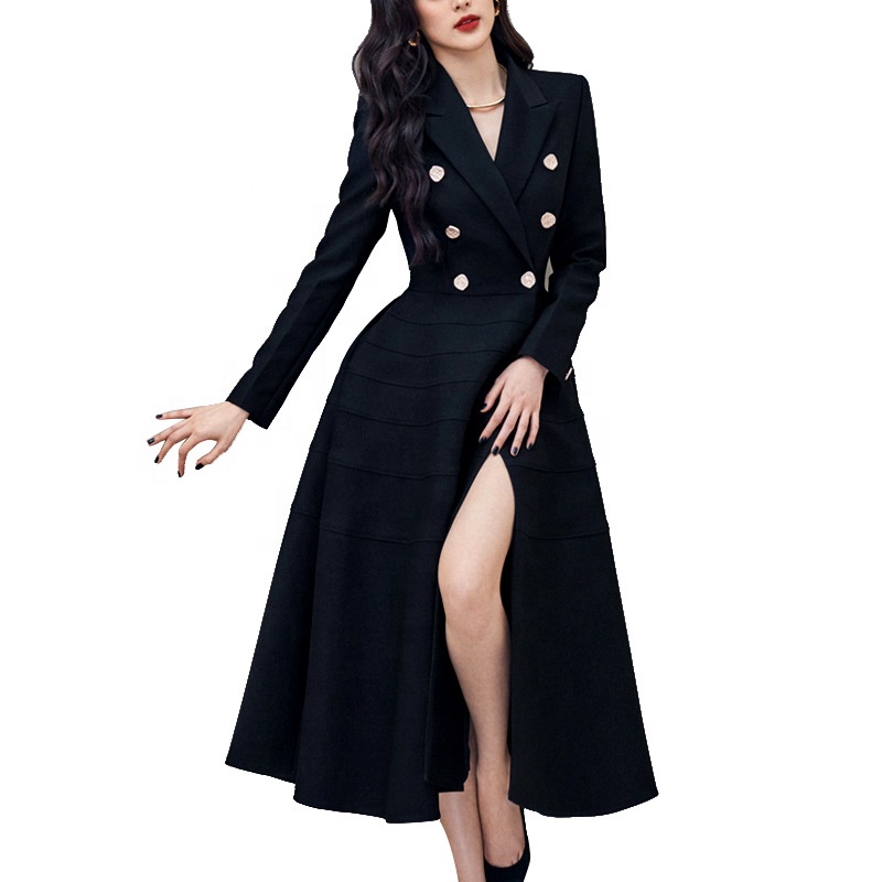 Shop Autumn New Style Lapel Button Split Formal Party Dresses