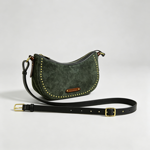 Retro Crescent <b>Shoulder</b> <b>Bag</b>, Dark Green Rivet Decor Zipper Purse Adjustable <b>Strap</b> Casual Daily Crossbody <b>Bag</b> - Product Image 2