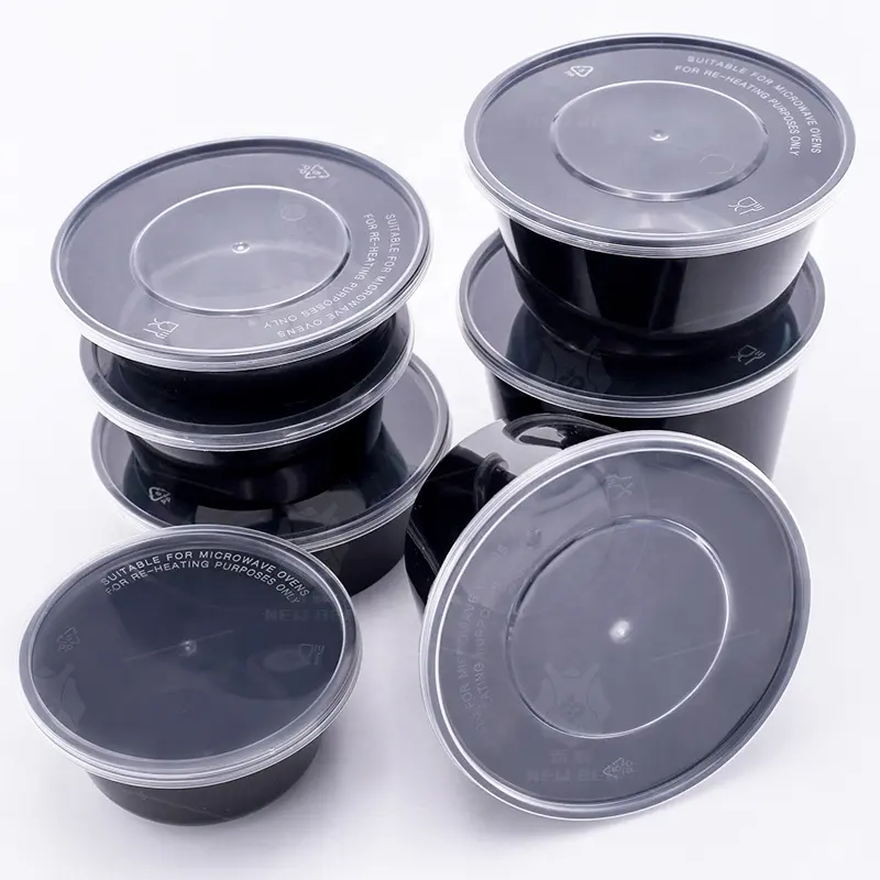 Pp Zwarte Ronde Milieuvriendelijke Magnetron Lunchbox Wegwerp Plastic Wegnemen Bento Box Voor Soep Saus Dressing