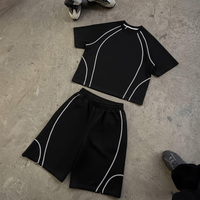 Herenset 2-delig, ademend, zomerprint, terry, contrast piping, korte mouwen, t-shirt, shorts, streetwear, aangepast logo, groothandel