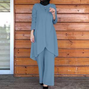 Muslim Islamic Clothing Elegant Abaya Solid Color Round Neck Midi <b>Dress</b> Pants Casual Loose Solid Color Two-Piece Abaya Suit Set - Product Image 5