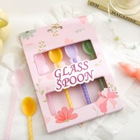 Ensemble de cuillères en verre colorées, quatre pièces, écologiques, résistantes à la chaleur, design floral, avec longues poignées, boîte cadeau rose, marque LONGXIN
