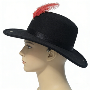 Chapeau en feutre rétro artistique avec grande décoration en plumes, noir, à calotte plate, protection solaire, pour l'extérieur, les voyages et les fêtes - Product Image 1