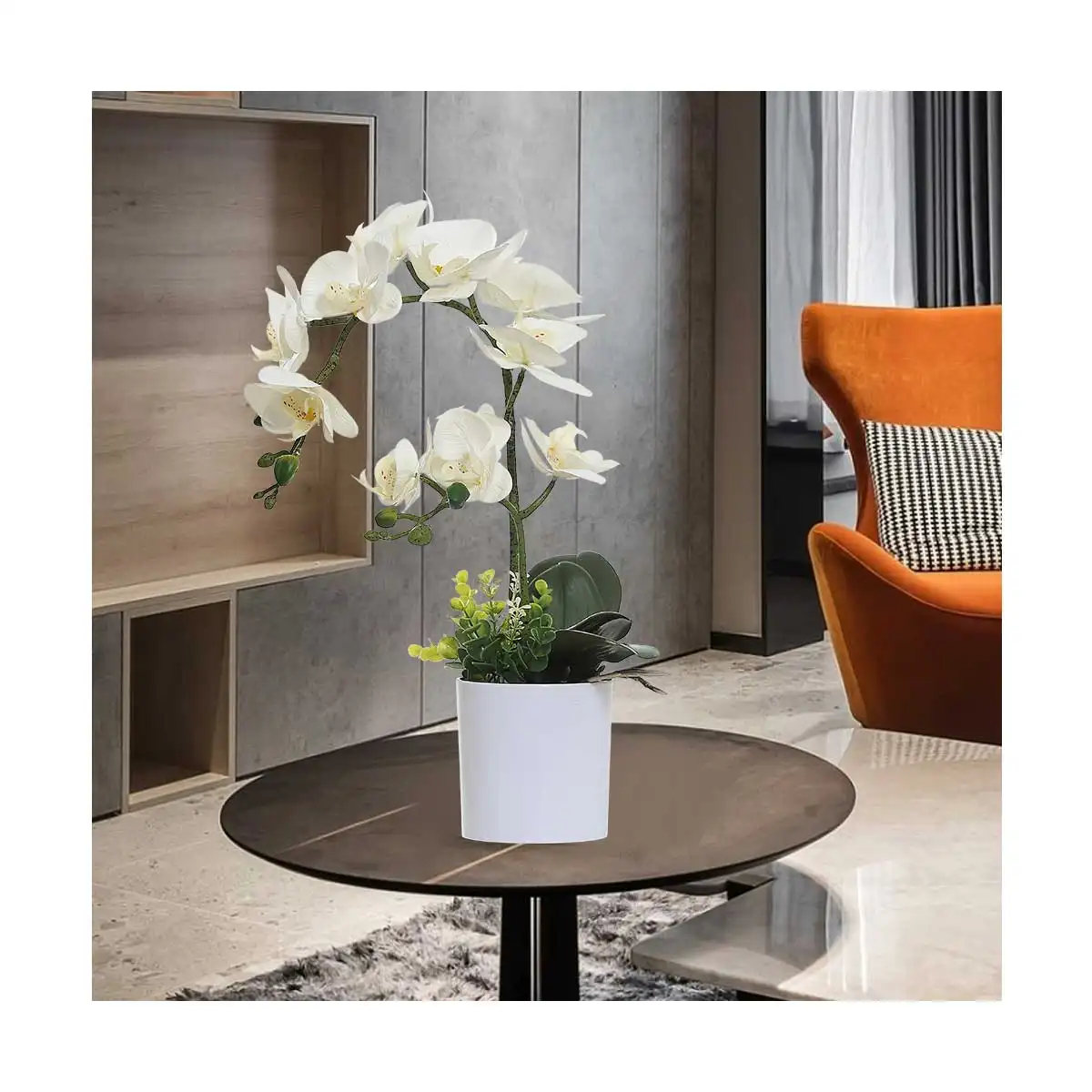 3D impresión realista 7 cabezas artificial phalaenopsis flor Acuerdo con florero blanco para decoración de boda