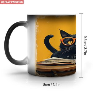 Frosted Black 11oz <b>Ceramic</b> Mug Heat Changing <b>Cup</b> With Cat Painting Design - Product Image 1