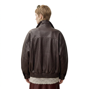 Women's Genuine <b>Leather</b> Bomber <b>Jacket</b> Stand Collar Full Sleeve Zipper Closure Solid Color Autumn Wear - Product Image 2