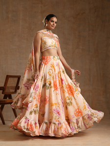 Peach <b>Floral</b> Organza Lehenga Set with Printed <b>Skirt</b> Blouse Dupatta Elegant Designer Indian Outfit Festive Wear Occasions Fest - Product Image 2