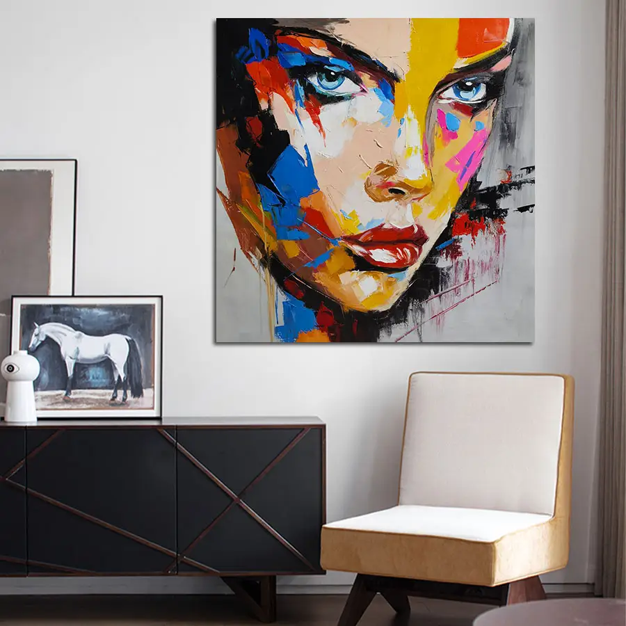 Original Art Modern Handpainted Abstract Woman Face Palette Knife Portrait Painting on Canvas for Home Decor and Living Room