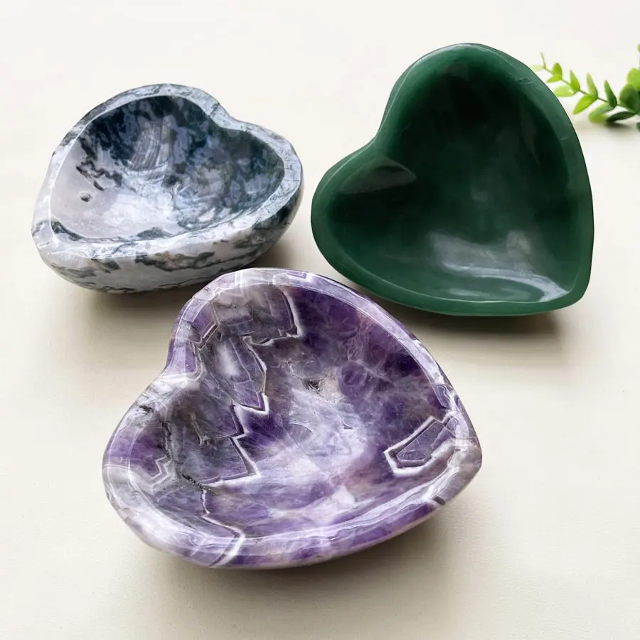 Cuenco de piedras curativas en forma de corazón tallado a mano personalizado cuenco de amatista de sueño de ágata musgo de Aventurina verde