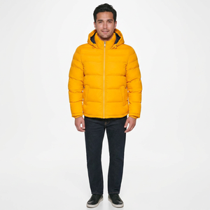 Blouson d'hiver matelassé pour homme style urbain, en toile avec logo frontal, col montant, fermeture éclair, motif uni - Product Image 1
