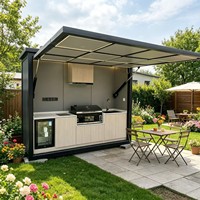 Cabine de cuisine mobile modulaire d'extérieur, kiosque BBQ intelligent, centre de cuisson 6-en-1 avec auvent hydraulique rabattable