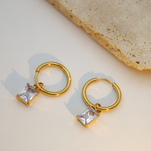 Golden Colored White Zircon Hoop Earrings With Rectangular Charm Bezel Setting Everyday Wear Geometric Design Stainless Steel - Product Image 4