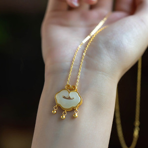 Women's Longevity Lock Necklace Sand Gold White Jade Pendant Clavicle Chain Everyday Wear Geometric Design Bezel Setting - Product Image 1