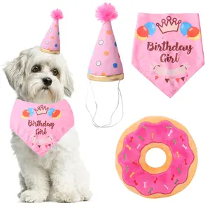 Puda Best Seller köpek doğum günü ky ky Donut oyuncaklar Pet evcil köpekler için güzel karikatür üçgen eşarp şapka doğum günü süslemeleri