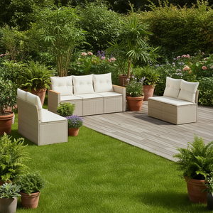Conjunto de Sofá de Jardín de Ratán Beige con Cojines de Espuma de Alta Densidad, Muebles de Exterior de Diseño Contemporáneo, Resistentes al Agua y a los Rayos UV - Product Image 2