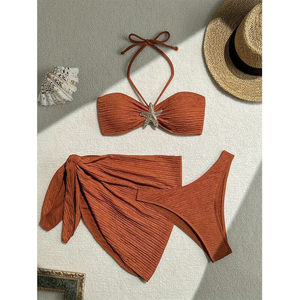 Conjunto de Bikini Texturizado de 3 Piezas <span class=keywords><strong>para</strong></span> Mujer, Traje de Baño Halter con Estrella de Mar y Pedrería, con Pareo <span class=keywords><strong>para</strong></span> la Playa <span class=keywords><strong>en</strong></span> Verano - Product Image 1