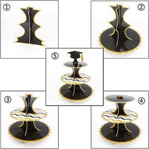 Decoraciones para Fiesta de Graduación DAMAI, Soporte para Pastel de Cartón de 3 Niveles en Negro y Dorado, Soporte para Exhibición de Postres para Suministros de Fiesta de Graduación - Product Image 3