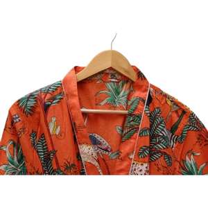 Precio al por Mayor Disponible, Kimono de Algodón Azul de Alta Calidad, Talla Grande, Estampado Floral a Mano, Ropa de Estar por Casa - Product Image 3