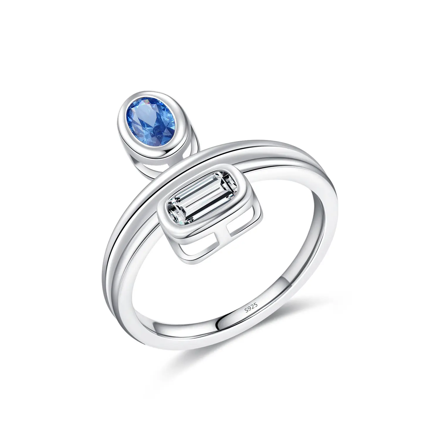 Stylish elegant unique double layer ring S925 sterling silver rhodium plated sea blue cubic zirconia cz ring