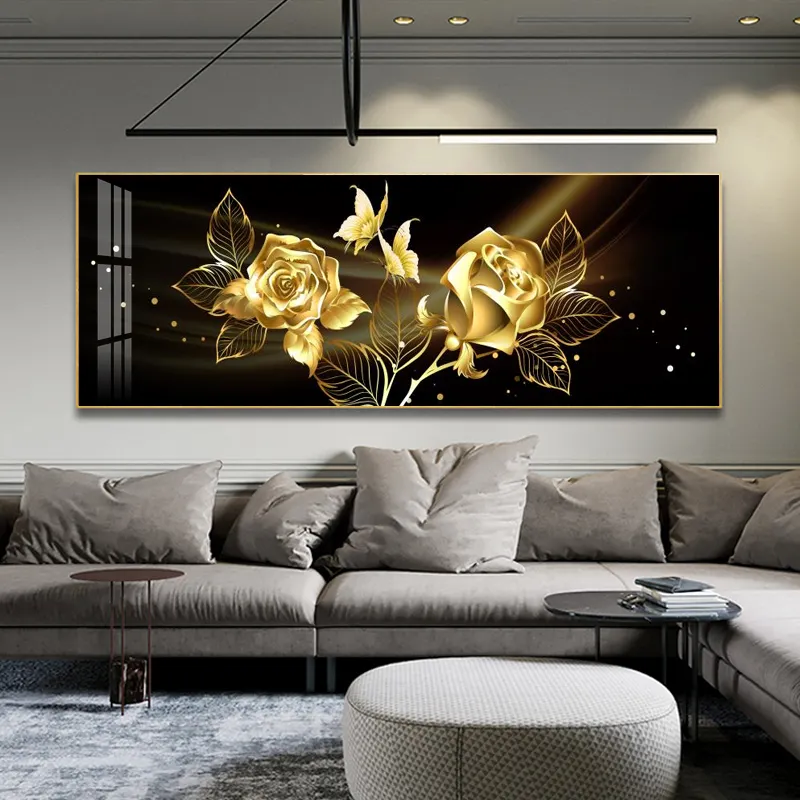 Canvas Art Black Golden Rose Flower Butterfly Abstract Wall Art Canvas Painting Poster Print