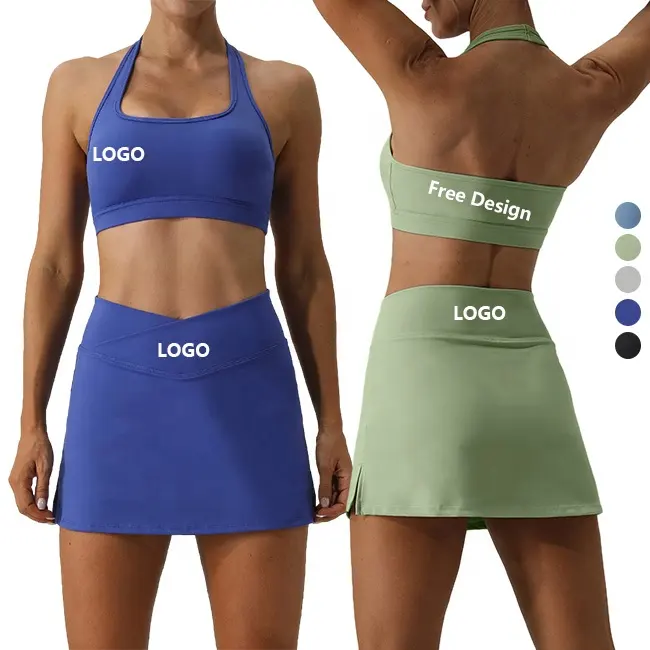 Conjunto de golfe ao ar livre das mulheres Quick Dry Top Colheita Halter Bra e Saia 2 Peças Tennis Wear Skort Set