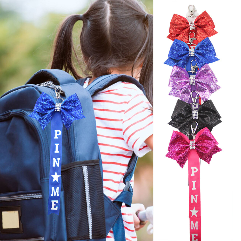 Custom Logo Satin Cheerleader Keychain with Pin Me Bow Ribbon Bag Tag School Team Keyrings Lanyard