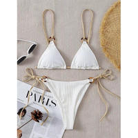Ensemble bikini côtelé 2 pièces pour femme, motif écaille de tortue, avec anneau, dos et côtés à nouer, bretelles réglables, pour la plage estivale
