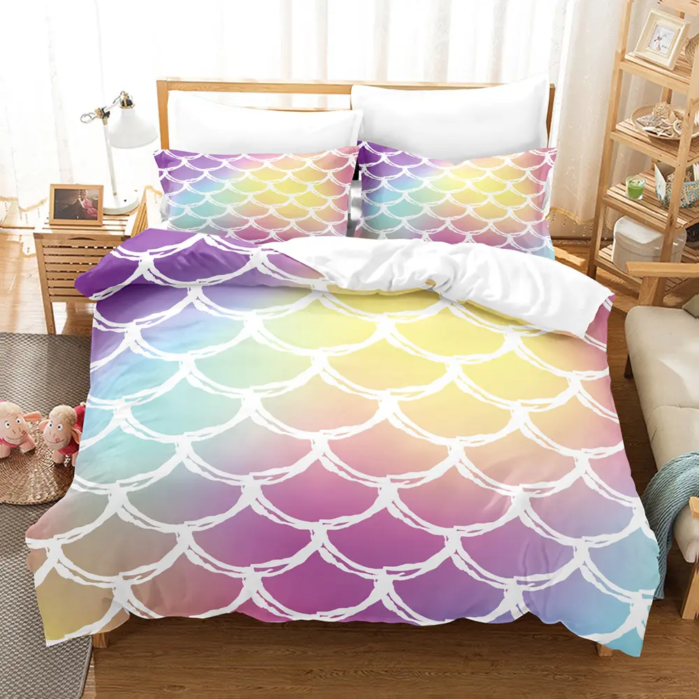 Fish Scales King Queen Duvet Cover for Kids Girls Mermaid Scales Bedding Set Colorful 2/3pcs Polyester Quilt Cover Purple Green