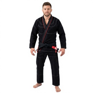 Kimono de BJJ noir pour homme, coupe classique, vêtements d'arts martiaux pour adultes avec bordure rouge et ceinture, ensemble unisexe durable, respectueux de l'environnement, fabriqué sur mesure - Product Image 1
