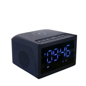 OEM Waktu Digital Layar LCD 10W Qi Pengisi Daya Nirkabel dengan Jam Alarm Radio FM Speaker Ganda