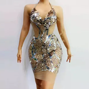 Dress 2022 fashion party show Shiny Sequined Night Club Dresses Sexy Women Luxury Golden Halter Elegant Dresses