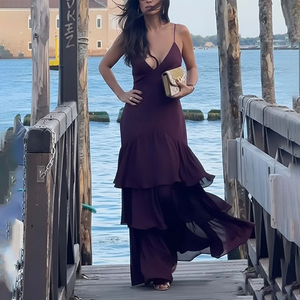 Abito Lungo da Festa Senza Maniche con Schiena Scoperta e Scollo a V per Donna, Elegante Vestito Primaverile a Linea A con Volant e Spalline Sottili - Product Image 3
