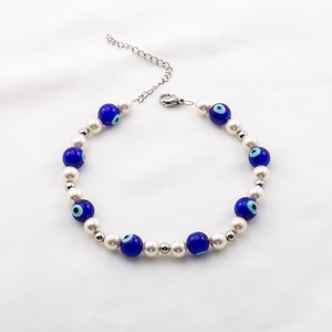 Faux Pearl Evil Eye Beaded Bracelet <b>Titanium</b> Steel Chain Unisex Jewelry Round Ball Shape Geometric Design XYB0117 - Product Image 4