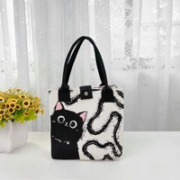 Tas Tote Wanita Rajut Jacquard Kartun Kapasitas Besar Tas Tangan Persegi Tas Penyimpanan Makan Siang untuk Penggunaan Kantor Sehari-hari
