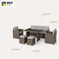 Ensemble de meubles d'extérieur 6 pièces en rotin PE, canapé 3 places, 2 fauteuils, 2 ottomanes, table à lattes, gris