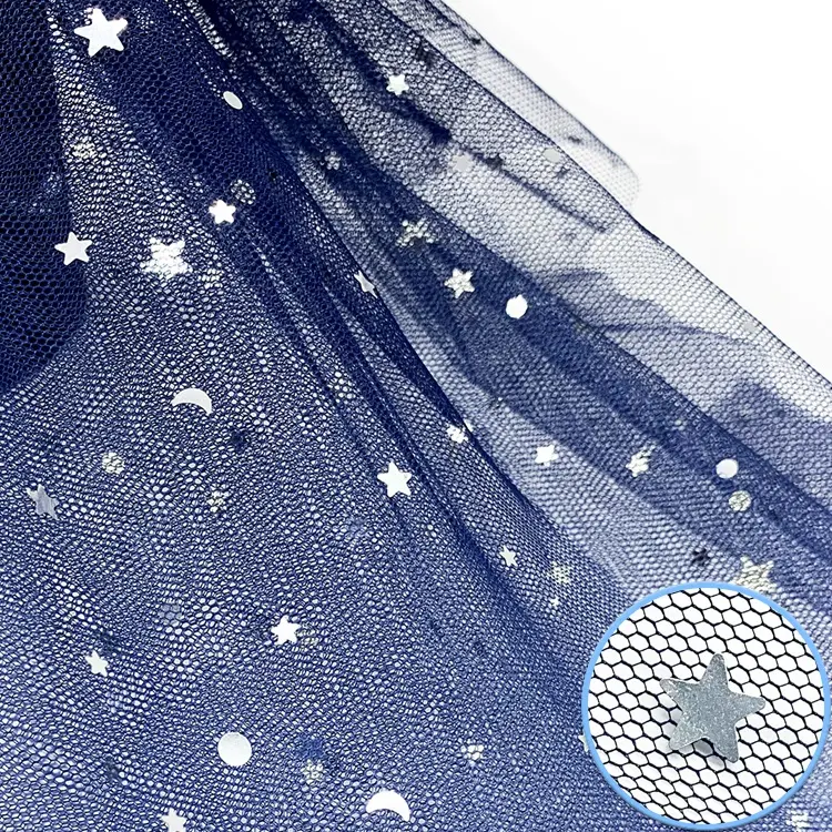 Fabrik glänzende Stern und Mond Pailletten Micro Stretch Soft Sheer Illusion Tüll Stoff für Textil arbeiten