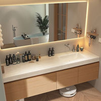 Ensemble de meuble-lavabo intelligent de style hôtelier minimaliste avec vasque monobloc en dalle de roche thermoformée, miroir intelligent et éclairage LED, étanche IPX4