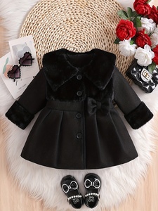 Abrigo tipo cárdigan de poliéster con botones y lazo, estilo coreano, estampado irregular, solapas de felpa y costuras Mao Mao para bebé niña/niña pequeña, ideal para invierno. - Product Image 1