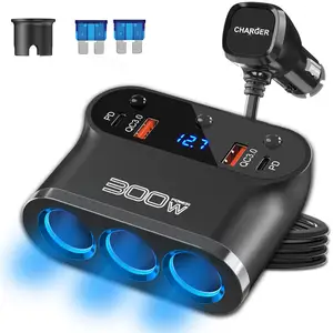 300W 3 Soquete Car Charger Extensões 12V Splitter com Dual PD 30W QC 3.0 Carregador Rápido Plug Car 7 em 1 Adaptador de Isqueiro