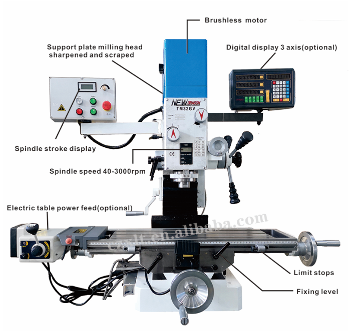 Manual mills Variable speed milling machine 32mm TM32GV with brushless motor 1100W mini milling machine