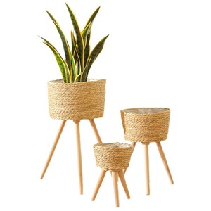 Handmade Woven Rattan Flower <b>Basket</b> With Wooden Legs For Home Decoration Balcony Plant Stand Craft Ornament - Product Image 4