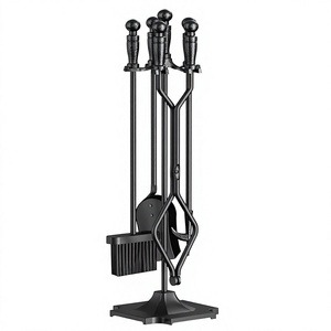 Traditional Cast Iron Fireplace Tool Set with Stand 5 Piece <b>Poker</b> Tongs Shovel Brush Log Holder Black Metal <b>Fire</b> Tools - Product Image 3