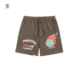 Custom Fashion Fireball Pattern Printing Design Puro Algodão Praia Elasticated Shorts Para Homens