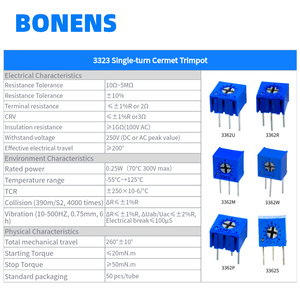 BONENS 3362P ตัวต้านทานเซอร์เมทแบบหมุนเดี่ยว 10K 10% แบบ Through-hole 0.25W - Product Image 3