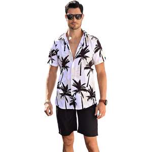 ชุดเสื้อเชิ้ตแขนสั้นพิมพ์ลายทรอปิคอลและกางเกงขาสั้นสำหรับผู้ชาย ผ้าโพลีเอสเตอร์ระบายอากาศได้ดี - Product Image 3