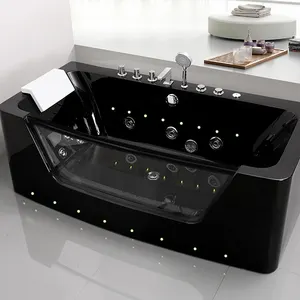 Pas cher noir luxe rectangulaire transparent acrylique baignoire de massage avec lumière led
