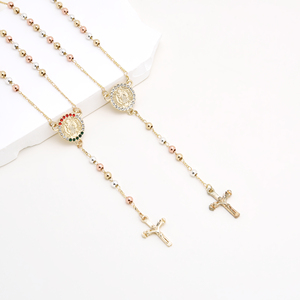 Elfico religioso gesù croce Catholic gioielli <span class=keywords><strong>rosario</strong></span> 14K <span class=keywords><strong>oro</strong></span> collana tricolore perline catena perlina accessori - Product Image 1